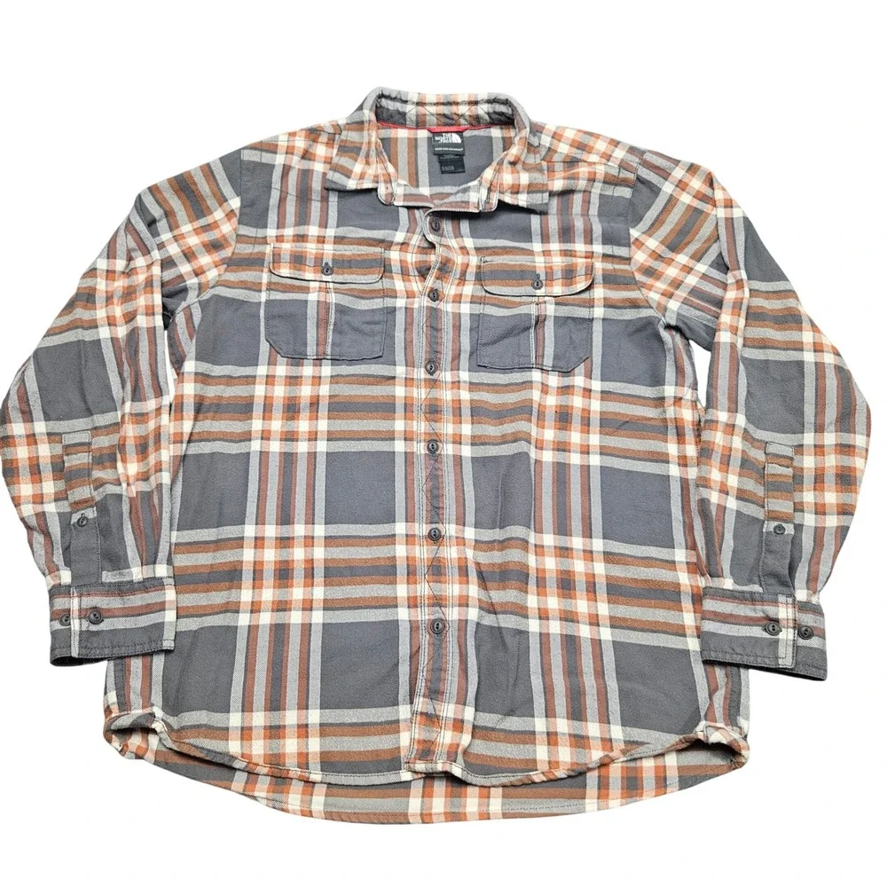 North Face Mens L Plaid Flannel Long Sleeve Button Up Shirt Gray Orange Gorpcore